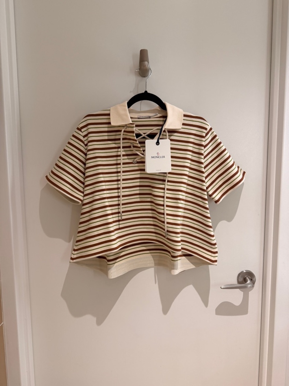 Striped Cream and Brown Lace-Up Polo Top NWT